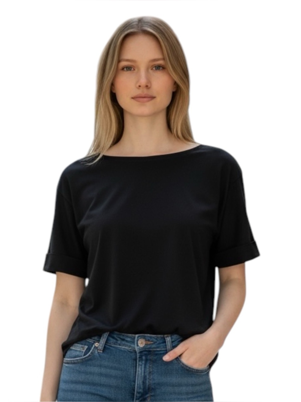 Style & Co Boat-Neck Elbow-Sleeve Cotton Top, Color Black, Size Large